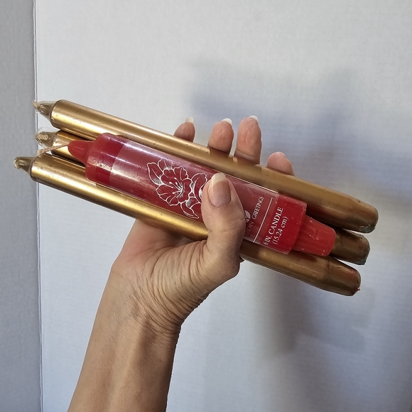 3-GOLD Wax 10" TALL Candles PLUS 1-6" Chunky American Greetings RED Christmas - Picture 11 of 16
